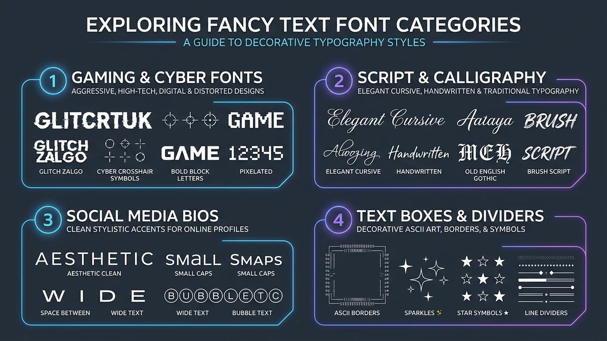Overview of fancy font generator styles including cursive, gothic, and small caps